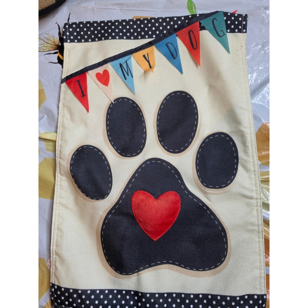 I Love My Dog Garden Flag Burlap Paw Print Heart Decorative Yard Banner